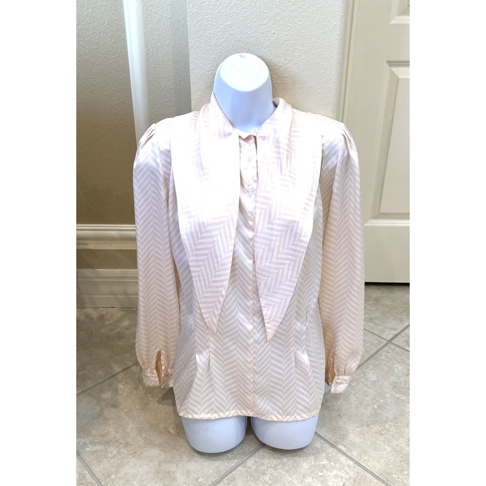 Vtg Nicola Peach White Chevron Puff Sleeve Button Necktie Up Tunic  Sz M 80s